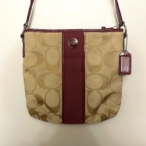 Tan Coach Crossbody Purse with Red Details